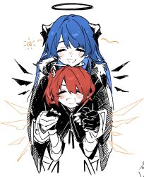 2girls :d ^_^ arknights black_gloves black_halo black_horns black_jacket blue_hair blush chinese_commentary closed_eyes colored_skin commentary_request detached_wings exusiai_(arknights) facing_viewer fingerless_gloves fur_trim gloves halo hatching_(texture) head_on_head head_rest highres holding_hands horns jacket linear_hatching long_hair maymeriko mostima_(arknights) multiple_girls nose_blush oekaki open_mouth red_hair short_hair simple_background smile split_mouth sun_symbol traditional_halo white_background white_skin wings 