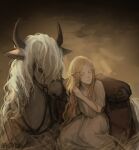  1boy absurdres animal artist_name blonde_hair braid closed_eyes crown_braid dress elden_ring highres horns horse long_hair miquella_(elden_ring) ornsteinbekasi saddle saddlebags signature simple_background smile torrent_(elden_ring) tunic white_hair white_tunic 