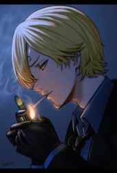  1boy black_gloves blonde_hair blue_shirt cigarette commentary_request curly_eyebrows facial_hair fire from_side gloves goatee_stubble highres lighter lighting_cigarette male_focus mustache_stubble one_piece portrait sanji_(one_piece) selcky shirt short_hair solo stubble suit 