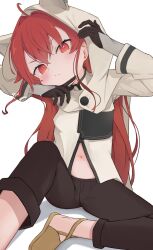 badao cloak commentary_request eris_greyrat grumpy highres hood long_hair looking_at_viewer midriff mushoku_tensei red_eyes red_hair 