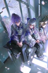  1boy 1girl ahoge asano_(kazusasn) baseball_bat black_hakama blue_nails cherry_blossoms closed_mouth commentary desk earrings falling_petals gradient_hair grey_hair hair_intakes hair_ribbon hakama hakama_pants hakama_skirt haori heterochromia highres hoshirube_sho indoors ishigami_nozomi japanese_clothes jewelry kimono long_hair long_sleeves looking_at_viewer multicolored_hair nail_polish necklace nijisanji nijisanji_koshien on_table own_hands_together pants petals pink_hair ponytail purple_hair red_eyes ribbon sandals school school_desk sitting skirt smile tabi table tassel virtual_youtuber window zouri 