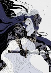  1boy 1girl armor black_armor blue_cape boots cape closed_mouth commentary covered_eyes dress full_armor gghost0627 gloves grey_background helm helmet highres holding holding_sword holding_weapon long_hair long_sleeves original simple_background sword veil weapon winged_helmet 