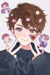 4boys animification artist_name black_jacket brown_eyes brown_hair chibi chibi_inset chinese_commentary closed_mouth commentary_request dark_shouma_(kamen_rider) double_w emoji grey_background hands_up highres inoue_shouma jacket kamen_rider kamen_rider_gavv_(series) karakida_hanto lakia_amarga looking_at_viewer male_focus momojellyfish multiple_boys pleading_face_emoji short_hair simple_background sleeves_past_wrists smile solo_focus sticker sticker_on_face sticker_on_hair w 