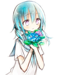  1girl amakaze_sora blue_flower blue_hair blue_neckerchief blue_sailor_collar bouquet closed_mouth flower hair_between_eyes hair_over_shoulder holding holding_bouquet long_hair low_twintails neckerchief original purple_flower sailor_collar school_uniform serafuku shirt short_sleeves simple_background solo twintails upper_body violet_eyes wavy_mouth white_background white_shirt 