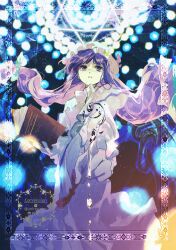  1girl absurdres attacking_viewer book commentary_request commission crescent crescent_hat_ornament danmaku grimoire hat hat_ornament highres holding holding_book long_hair magic magic_circle mob_cap patchouli_knowledge pointing pointing_at_viewer purple_hair solo touhou twitter_username uninosono very_long_hair violet_eyes watermark 