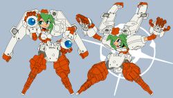  1girl armor arms_up blue_background blue_eyes clenched_hands doll_joints extra_arms gloves green_hair grey_background hand_on_own_hip joints legs_apart marina_liteyears mecha mecha_musume mechanical_arms mechanical_legs multiple_views outstretched_arms personification robot robot_joints short_hair simple_background smile thrusters yuke_yuke!!_trouble_makers 