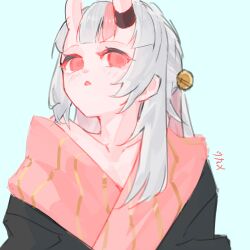  1girl absurdres bare_shoulders bell blush commentary_request highres horns japanese_clothes kimono looking_at_viewer nakiri_ayame oni red_eyes red_hair simple_background skin-covered_horns white_hair 