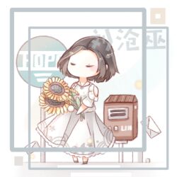  1girl black_shoes blunt_ends blush_stickers borrowed_character bouquet brown_hair chibi chinese_commentary closed_eyes clothing_cutout commentary_request crosswalk envelope expressionless floral_print flower forehead frilled_skirt frilled_sleeves frills holding holding_bouquet interruption_(echo-023) jewelry light_particles long_skirt long_sleeves mailbox_(incoming_mail) necklace no_mouth original pleated_skirt print_shirt print_skirt road_sign sample_watermark shirt shoes short_hair shoulder_cutout sign skirt solo stop_sign stylist_(nikki) sunflower three-quarter_sleeves watermark wave_print white_background white_shirt white_skirt yellow_flower 