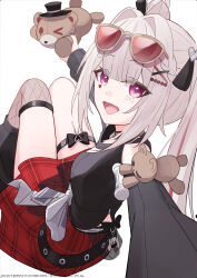  1girl 91_ibu :d absurdres black_choker black_leg_warmers black_nails braid breasts character_charm charm_(object) choker commentary_request eyewear_on_head facial_mark fishnet_thighhighs fishnets hair_intakes hair_ornament heart heart_facial_mark highres holding holding_stuffed_toy honkai:_star_rail honkai_(series) leg_warmers long_sleeves looking_at_viewer looking_back medium_breasts miniskirt official_alternate_costume official_alternate_hairstyle pink_eyes red_skirt selfie simple_background single_thighhigh skirt smile solo sparkle_(honkai:_star_rail) sparxie_(candy-coated_waves)_(honkai:_star_rail) sparxie_(honkai:_star_rail) stuffed_toy sunglasses thigh-highs twintails white_background x_hair_ornament 