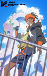  1boy black_hair black_hoodie blue_sky clouds dark-skinned_male dark_skin day demonqz7 earrings gloves goodra green_eyes grin headband highres hood hoodie jewelry male_focus open_mouth orange_headband outdoors pokemon pokemon_(creature) pokemon_sword_and_shield raihan_(pokemon) shirt short_hair shorts side_slit side_slit_shorts single_glove sky slime_(substance) smile teeth 