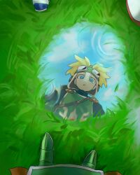  1girl 2boys aviator_goggles black_bodysuit blonde_hair blue_boots blue_eyes bodysuit boots cape dragon_quest dragon_quest_ii goggles goggles_on_head grass green_boots green_tabard highres looking_at_reflection looking_down male_focus multiple_boys nogo_(nogo_059) orange_cape outdoors parted_lips prince_of_lorasia prince_of_samantoria princess_of_moonbrook puddle red_trim ripples robe short_hair solo_focus tabard white_robe 