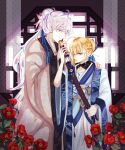  1boy 1girl ahoge artoria_pendragon_(fate) blonde_hair blue_eyes blue_ribbon braid braided_bun chinese_clothes earrings fate/grand_order fate_(series) flower french_braid hair_between_eyes hair_bun highres holding holding_sword holding_weapon indoors jewelry long_hair long_sleeves looking_at_viewer merlin_(fate) profile ribbon s_00 saber smile sword very_long_hair violet_eyes weapon white_hair 