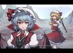  2girls ascot bat_wings blonde_hair blue_hair devil_may_cry_(series) dress english_commentary english_text flandre_scarlet frilled_sleeves frills hat high_collar highres jacket looking_at_another mountain multicolored_wings multiple_girls open_mouth outdoors pointy_ears red_eyes remilia_scarlet ribbon scene_reference shishui_guima short_hair skirt sky subtitled talking touhou vampire wings yellow_ascot 