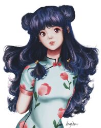  1girl arms_behind_back artist_name blue_dress chinese_clothes commentary_request domok_(pixiv_36536904) double_bun dress floral_print hair_bun long_hair parted_lips purple_hair ranma_1/2 shampoo_(ranma_1/2) sidelocks signature simple_background smile white_background 