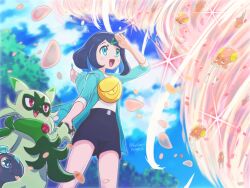  1girl 1other blue_eyes blue_jacket clouds commentary_request fanny_pack floragato hair_ornament hairclip highres jacket liko_(pokemon) looking_up open_mouth outdoors petals pokemon pokemon_(anime) pokemon_(creature) pokemon_horizons red_eyes runachikku short_hair short_sleeves terapagos toedscool tornado 