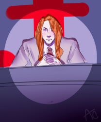  1boy aestheticcannibal aged_down alternate_hair_color alternate_hair_length_(longer) closed_mouth collared_shirt commentary delta_(kyokugen_dasshutsu) english_commentary fingernails grey_jacket hair_over_one_eye highres jacket kyokugen_dasshutsu kyokugen_dasshutsu_adv:_zennin_shibou_desu long_hair male_focus necktie official_alternate_hairstyle orange_hair own_hands_together red_necktie scene_reference shirt signature spoilers spotlight white_shirt 