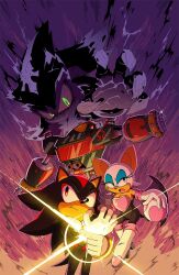 1girl 1other 2boys aiming bat_girl claw_pose claws closed_mouth commentary diffraction_spikes e-123_omega english_commentary furry furry_female furry_male gloves glowing glowing_eyes green_eyes hedgehog_boy helmet highres holding holding_unworn_helmet kyalbrownart mephiles_the_dark multiple_boys no_mouth non-humanoid_robot open_mouth robot rouge_the_bat shadow_the_hedgehog sonic_(series) sonic_the_hedgehog_(2006) unworn_headwear unworn_helmet white_gloves 