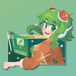  1girl carrot character_name commentary goggles goggles_on_head green_background green_eyes green_hair green_theme gumi gumi_(v3_megpoid) headphones headset jacket looking_at_viewer media_player_interface orange_jacket projecttiger red-tinted_eyewear red_goggles short_hair short_hair_with_long_locks simple_background solo star_(symbol) tinted_eyewear untranslatable_commentary vocaloid window_(computing) 