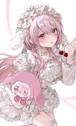  1girl absurdres bandaid bandaid_on_knee bandaid_on_leg blush breasts character_doll cherry collarbone commentary crossed_bandaids doll dress food frilled_thigh_strap fruit hair_ornament highres holding holding_food holding_fruit ingchi long_hair long_sleeves looking_at_viewer nijisanji open_mouth pink_eyes pink_hair rabbit_hair_ornament shiina_yuika simple_background solo stuffed_toy thigh_strap thighs virtual_youtuber white_background white_dress white_headdress 