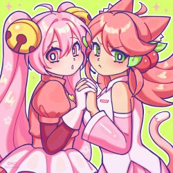  2girls :o animal_ears bell cat_ears cat_girl cat_tail cherry_hair_ornament commentary cosplay costume_switch deltarune detached_sleeves dress english_commentary food-themed_hair_ornament frown gloves green_background green_eyes hair_bell hair_ornament hatsune_miku highres holding_hands long_hair mad_mew_mew mad_mew_mew_(cosplay) multiple_girls nichan_(nichanhimedesu) pink_dress pink_eyes pink_shirt pink_sleeves sakura_miku sakura_miku_(cosplay) shirt sleeveless sleeveless_shirt tail twintails utdr_(toby_fox) vocaloid 