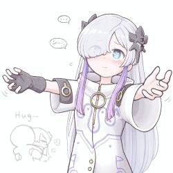 1girl 1other asymmetrical_sleeves blue_eyes blush cevio coat commentary_request fingerless_gloves flower-shaped_pupils gloves grey_hair hair_over_one_eye high_collar highres hug kamitsubaki_studio light_frown long_hair looking_at_viewer multicolored_hair o-ring purple_hair sekai_(cevio) sidelocks single_fingerless_glove symbol-shaped_pupils t_masoppu uneven_sleeves white_coat zipper_pull_tab 