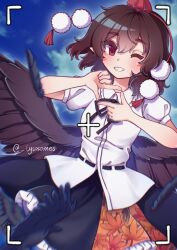  1girl absurdres bird_wings black_ribbon black_skirt black_wings collared_shirt commentary_request frilled_skirt frills hat highres lysosomes_(lys9s9mes) one_eye_closed pointy_ears pom_pom_(clothes) puffy_sleeves red_eyes ribbon shameimaru_aya shirt short_hair skirt smile tokin_hat touhou viewfinder white_shirt wings 