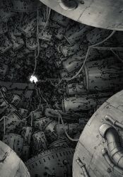  1other absurdres cable commentary_request greyscale highres industrial_pipe kamikairo monochrome original power_lines railing scenery science_fiction tunnel vanishing_point very_wide_shot 