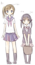 2girls amakaze_sora black_hair black_pantyhose black_socks blue_eyes blue_sailor_collar blue_skirt blush brown_hair closed_mouth collared_shirt grey_eyes grey_jacket hair_ornament hairclip height height_difference holding jacket multiple_girls neck_ribbon no_shoes original pantyhose pink_skirt pleated_skirt red_ribbon ribbon sailor_collar school_uniform serafuku shirt short_sleeves side_ponytail simple_background sketch skirt smile socks standing swept_bangs translation_request twintails white_background white_shirt 