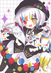  1girl 3656_chan :d beret black_hat black_jacket black_pantyhose bow collared_shirt colored_tips commentary_request contrast_collar cowboy_shot grid_background hair_bow happy_birthday hat heterochromia highres holding holding_spray_can jacket jacket_partially_removed jogasaki_noah long_hair long_sleeves looking_at_viewer mahou_shoujo_no_majo_saiban multi-tied_hair multicolored_hair neck_ribbon off_shoulder paintbrush pantyhose polka_dot polka_dot_bow polka_dot_skirt red_eyes ribbon shirt skirt smile solo sparkle spray_can streaked_hair white_hair white_shirt yellow_eyes 