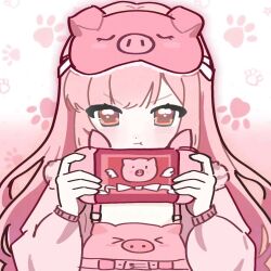  1girl brown_eyes buckle chibi chinese_commentary commentary_request dot_nose eyelashes eyes_visible_through_hair fanfanjiadeayuanjiang frustrated fur-trimmed_jacket fur_trim gradient_background handheld_game_console highres holding holding_handheld_game_console jacket light_blush long_hair long_sleeves looking_at_object mask mask_on_head nikki_(nikki) nikki_(series) nintendo_switch overalls paw_print paw_print_background pig pig_mask piggy_journey_(shining_nikki) pink_background pink_hair pink_jacket pink_mask pink_overalls pink_theme pout puffy_long_sleeves puffy_sleeves shining_nikki shirt sleep_mask solo two-tone_background upper_body v-shaped_eyebrows very_long_hair wavy_hair white_background white_shirt 