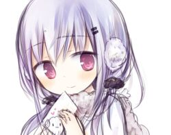  1girl amakaze_sora closed_mouth fur_collar grey_hair hair_between_eyes hair_ornament hairclip holding long_hair original pink_eyes simple_background smile solo upper_body white_background 