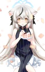  1girl absurdres animal_ear_fluff bare_shoulders black_bow black_dress black_streaks blue_archive blue_halo blush bow cake cake_slice china_dress chinese_clothes closed_mouth commentary_request dress dual_wielding feet_out_of_frame food fork grey_hair hair_between_eyes hair_bow halo hands_up highres holding holding_fork holding_plate kokona_(blue_archive) long_hair looking_at_viewer momokokuma multicolored_hair orange_eyes pelvic_curtain plate pleated_skirt sidelocks simple_background sitting skirt sleeveless sleeveless_dress smile solo straight-on streaked_hair striped_clothes striped_dress tareme vertical-striped_clothes vertical-striped_dress very_long_hair white_background white_skirt 
