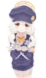  1girl aoba_(blue_archive) armband blonde_hair blue_archive blue_hat blush bow bow_camisole bowtie brown_skirt camisole closed_mouth collared_shirt commentary cowboy_shot fluffy_hair gloves halo hat highres holding holding_wrench jacket long_hair long_sleeves looking_at_viewer low_twintails mrsnanapple newsboy_cap orange_armband orange_halo peaked_cap pencil_skirt pipe_wrench red_eyes shirt simple_background skirt smile solo standing sweatdrop twintails twitter_username white_background white_camisole wrench yellow_bow yellow_bowtie 