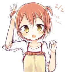  1girl amakaze_sora arm_up blush brown_camisole brown_eyes bunching_hair camisole dated fang hair_bobbles hair_ornament hoshizora_rin love_live! love_live!_school_idol_project one_side_up open_mouth orange_hair shirt short_sleeves simple_background solo translation_request white_background white_shirt 