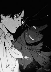  2boys ascot broken_glass commentary dual_persona fangs fool's_gold_(identity_v) glass greyscale head_tilt highres identity_v looking_ahead lytris male_focus monochrome multiple_boys norton_campbell pectoral_cleavage pectorals scar scar_on_face solid_eyes white_eyes 
