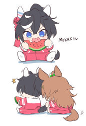  2girls ahoge animal_ears artist_name brown_hair chibi commentary_request ear_covers ear_ornament eating food fruit hair_between_eyes hair_ornament hat highres holding holding_food holding_fruit horse_ears horse_girl horse_tail jacket katsuragi_ace_(umamusume) long_hair long_sleeves mini_hat mini_top_hat mr._c.b._(umamusume) mukakin multicolored_hair multiple_girls pants ponytail red_jacket red_pants simple_background sitting streaked_hair tail tail_pull tail_through_clothes tassel tassel_hair_ornament top_hat tracen_training_uniform track_jacket track_pants umamusume v-shaped_eyebrows watermelon watermelon_slice white_background white_hair white_hat 