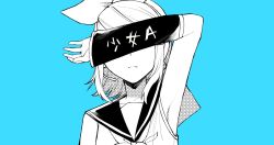  1girl arm_on_own_head arm_up armpits blue_background bow commentary_request detached_sleeves expressionless greyscale_with_colored_background hair_bow headphones headset highres igarashi_(morimorienoki) kagamine_rin neckerchief sailor_collar shirt short_hair shoujo_a_(vocaloid) simple_background sleeveless sleeveless_shirt song_name vocaloid 