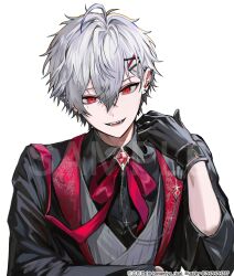  1boy :d absurdres ahoge artist_name black_gloves black_shirt brooch chain character_name collared_shirt commentary_request dot_nose double-parted_bangs dress_shirt ear_piercing fangs floral_print gem genderswap genderswap_(mtf) glint gloves grey_vest hair_between_eyes hair_ornament hanamiya_rica hand_up highres indie_virtual_youtuber jewelry lapel_pin lapels looking_at_viewer male_focus mole mole_under_eye neck_ribbon official_art open_mouth piercing red_eyes red_gem red_ribbon ribbed_vest ribbon rose_print sample_watermark shawl_lapels shirt short_hair simple_background slit_pupils smile solo spiked_ear_piercing three-quarter_sleeves twitter_username very_short_hair vest virtual_youtuber waistcoat watermark white_background white_hair wingtip_collar x_hair_ornament znjxlz 
