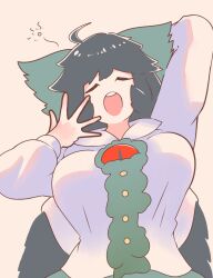  1girl arm_behind_head bird_wings black_hair black_wings bow breasts chest_eye closed_eyes commentary_request green_bow hair_bow highres long_hair long_sleeves open_mouth reiuji_utsuho rn_(sbr2933090) shirt simple_background solo touhou upper_body white_shirt wings yawning 