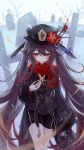  1girl black_headwear black_shorts brown_hair closed_mouth dot_nose facing_viewer flower flower-shaped_pupils genshin_impact hair_between_eyes hat hat_flower hat_tassel highres hu_tao_(genshin_impact) jewelry long_hair mibai_yume multiple_rings plum_blossoms porkpie_hat red_eyes red_scarf ring scarf shorts sidelocks solo symbol-shaped_pupils thumb_ring tombstone winter 