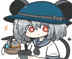  +++ 1girl :3 animal animal_ears basket bikini blue_hat bow chibi closed_mouth commentary_request cup disposable_cup drinking_straw ears_through_headwear grey_bow grey_hair grey_neckerchief grey_sailor_collar hair_between_eyes hat hat_bow highres holding holding_cup mouse_(animal) mouse_ears mouse_girl mouse_tail nazrin neckerchief orange_bikini red_eyes sailor_collar sea_urchin shirt short_sleeves simple_background solo swimsuit tail thick_eyebrows touhou uni_souchou upper_body white_background white_shirt 