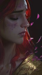  1girl absurdres armor artist_name black_background closed_eyes closed_mouth collarbone commentary elden_ring eyelashes facial_mark falling_petals forehead_mark gold_armor highres lips long_hair malenia_blade_of_miquella malenia_goddess_of_rot marking_on_cheek nose parted_bangs petals pink_petals portrait profile realistic red_hair sang_delan solo 
