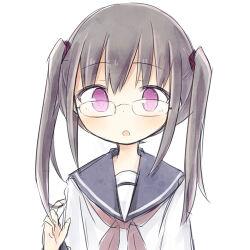  1girl :o amakaze_sora blue_sailor_collar brown_neckerchief glasses grey_hair hand_up long_sleeves looking_at_viewer lowres neckerchief original parted_lips sailor_collar school_uniform serafuku shirt simple_background solo twintails upper_body violet_eyes white_background white_shirt 