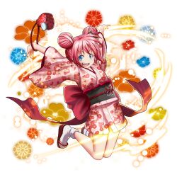  1girl :d ahoge arms_up artist_request aura black_nails black_sash blue_eyes blue_flower breasts double_bun fang flip-flops floating floral_print floral_print_kimono flower full_body game_asset grand_summoners hair_bun hair_ornament holding_pouch huge_ahoge japanese_clothes kimono long_sleeves milim_nava obi official_art open_mouth orange_flower pink_kimono print_kimono red_flower red_sandals sandals sash short_kimono simple_background small_breasts smile socks solo tabi teeth tensei_shitara_slime_datta_ken third-party_source transparent_background upper_teeth_only v-shaped_eyebrows w white_socks wide_sleeves yellow_flower 