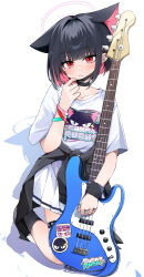  1girl black_hair black_jacket black_socks blue_archive blush bob_cut closed_mouth clothes_around_waist colored_inner_animal_ears colored_inner_hair commentary_request crew_neck electric_guitar frown full_body futagoma guitar halo highres instrument jacket jacket_around_waist kazusa_(band)_(blue_archive) kazusa_(blue_archive) kneeling looking_at_viewer mask mask_on_head miniskirt mouth_mask multicolored_hair official_alternate_costume pink_halo pleated_skirt print_shirt red_eyes shadow shirt short_hair short_sleeves skirt socks solo t-shirt white_shirt white_skirt 
