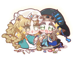  :d black_coif black_skirt blue_shirt blush braid brown_eyes brown_hair chibi commentary_request coppelia_(reverse:1999) dress eraser everecho_(reverse:1999) feathers full_body green_dress green_eyes heterochromia highres holding holding_pencil long_hair mechanical_arms multiple_braids nijiiro_diary pencil prosthesis prosthetic_arm protractor reverse:1999 seiza set_square shirt short_hair side-by-side single_mechanical_arm sitting skirt smile sparkle veil white_background white_veil 