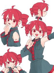  1girl ahoge breast_pocket buttons closed_eyes detached_sleeves drill_hair grey_shirt grey_skirt hand_up highres index_finger_raised kasane_teto kasane_teto_(utau) komori_kamome long_sleeves looking_at_viewer multiple_views open_mouth pocket red_eyes red_hair shirt simple_background skirt sleeveless sleeveless_shirt twin_drills utau white_background 