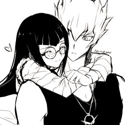  1boy 1girl artist_name black_hair black_shirt carly_nagisa coke-bottle_glasses dated glasses heart hug hug_from_behind jack_atlas long_hair mini_(pixiv6327751) shirt smile striped_clothes striped_shirt yu-gi-oh! yu-gi-oh!_5d's 