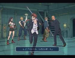  1girl 4boys armor bald bare_shoulders baton_(weapon) black_border black_gloves black_hair black_jacket black_pants black_skirt black_socks blonde_hair blue_jacket blue_pants blue_shirt boots border braid breasts brown_boots cid_highwind cloud_strife collared_shirt commentary_request crop_top elbow_gloves final_fantasy final_fantasy_vii fleeing gloves goggles goggles_on_head green_pants holding holding_polearm holding_sword holding_weapon jacket letterboxed long_hair low-tied_long_hair low_ponytail medium_breasts midriff miniskirt multiple_boys over_shoulder pants pauldrons polearm ponytail red_boots red_gloves red_hair reno_(ff7) rude_(ff7) sharp_na_ago shirt short_hair shoulder_armor single_braid single_pauldron skirt socks spiky_hair suit_jacket sunglasses suspenders sword tifa_lockhart twitter_username video_game_dialogue_box weapon weapon_over_shoulder white_shirt 