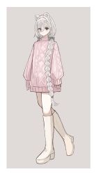  1girl absurdres animal_ears arknights arms_at_sides aurora_(arknights) blue_eyes boots border bow braid closed_mouth commentary_request english_commentary eyes_visible_through_hair full_body grey_background grey_bow grey_hairband hair_bow hair_intakes hair_over_one_eye hairband highres knee_boots light_blush long_hair mixed-language_commentary partial_commentary pink_sweater simple_background sleeves_past_wrists smile solo standing sweater turtleneck turtleneck_sweater udo_(akn_otk) very_long_hair white_boots white_border white_hair 